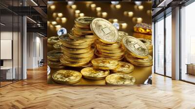 Shimmering Gold Coins and Gemstone Treasure Displayed on Elegant Background Wall mural