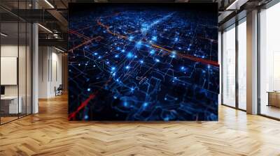 Smart City map transportation high tech blue monochrome axon view, connecting city spots. Wall mural