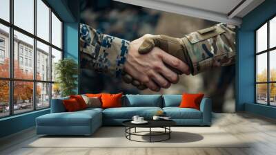 Soldiers, military men shaking hands, successful deal Wall mural