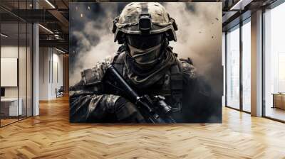 Special forces soldier in equipment in smoke Wall mural