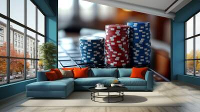 Stacks of poker chips sitting on laptop keyboard gambling online Wall mural