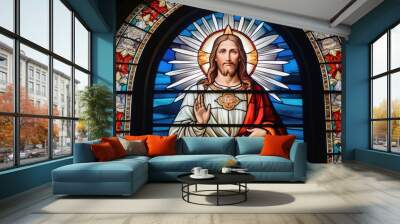 Stained glass of jesus christ savior of the world. Wall mural