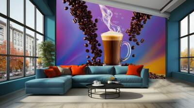 Stunning Vanilla Coffee Stream with Elegant Bubbles and Espresso Beans on a Colorful Background Wall mural