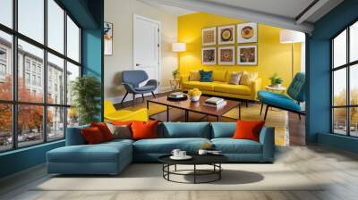 Stylish Coffee Table Decor in Bright Yellow Living Room with Modern Chair Wall mural