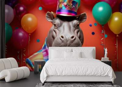 Stylish Hippo in Colorful Fashion Surrounded by Vibrant Background for Festive Events Wall mural