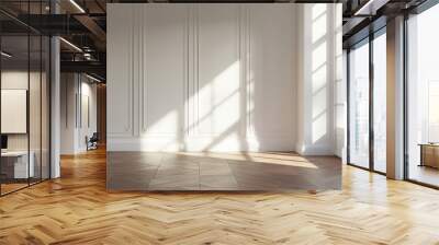 Sunlight casting shadows from window on white wall in empty room Wall mural