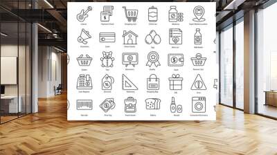 Super Market Thin Line Icons Shopping Shop Icon Set in Outline Style 50 Vector Icons in Black Wall mural