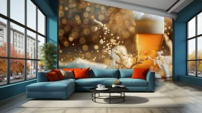 Swirling spilling foamy beer out of the glass Wall mural