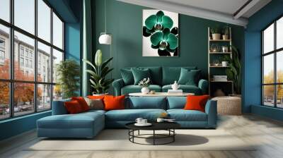 Teal Orchid Wall Art Print Elegant Dark Green Floral Decor for Living Room in Soft Tones Wall mural