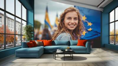 teenage girl or man or young man happy with the european union, smiling to vote for europa Wall mural