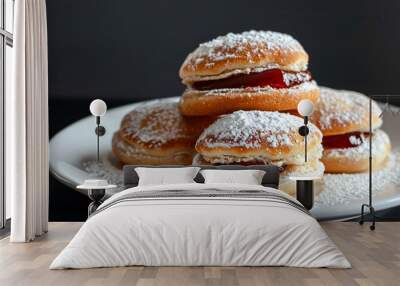 Tempting plate of four jelly donuts, generously dusted with powdered sugar, beckoning for a bite Wall mural