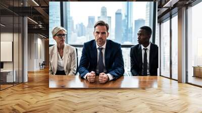 Tense Job Interview: Anxious Applicant Faces Diverse Panel in Corporate Setting - Perfect for Career Advice Wall mural