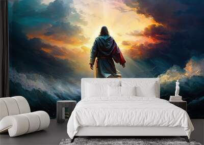 The figure of Jesus walks on water on a beautiful dramatic sunset  background, easter, generative ai Wall mural