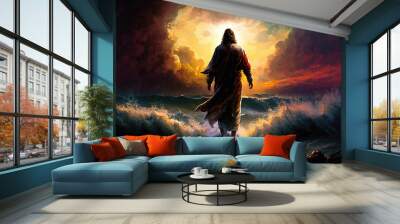 The figure of Jesus walks on water on a beautiful dramatic sunset  background. Biblical theme concept. generative ai Wall mural