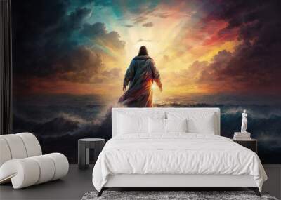 The figure of Jesus walks on water on a beautiful dramatic sunset  background. generative ai Wall mural