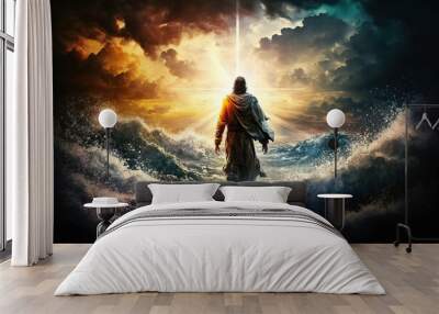 The figure of Jesus walks on water on a beautiful dramatic sunset  background. generative ai Wall mural