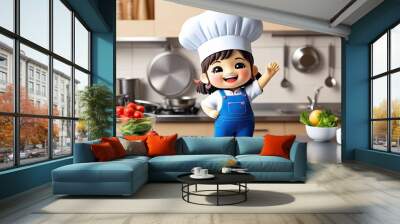 Three Dimensional Kawaii Chef Girl in Blue Overalls Waving Cheerfully Wall mural