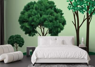 Three Dimensional Nature Illustration Featuring Lush Greenery and Tree Silhouettes Wall mural