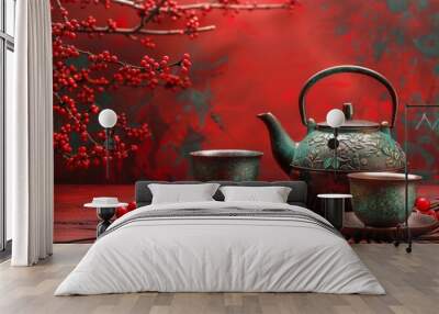 Traditional asian tea ceremony set with cast iron teapot and cups on red background Wall mural