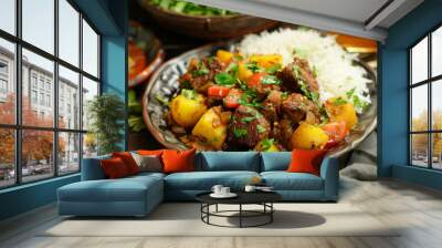 Traditional pakistani beef curry with rice Wall mural