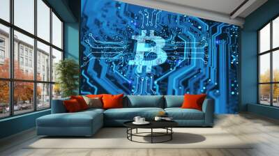 Bitcoin cryptocurency concept on blue integrated circuit on background. Blockchain technology concept. Wall mural