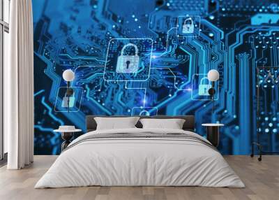 cyber security and protection of private information and data concept. locks on blue integrated circ Wall mural