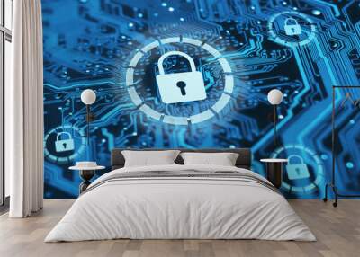 Cyber security and protection of private information and data concept. Locks on blue integrated circuit. Firewall from hacker attack. Wall mural