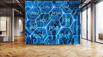 Programming language and development of applications concept on blue integrated circuit. Training courses of php, sql, html, css and other disciplines. Wall mural