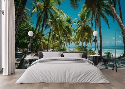 Travel tourist wide view background with white sand and coconut palms Wall mural