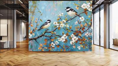 Two Birds on Autumn Tree: White Flowers Oil Painting; Blue Background Serene Artwork Wall mural