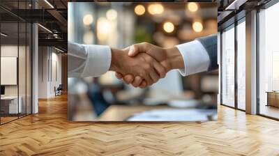 Two businessmen shaking hands in modern office Wall mural