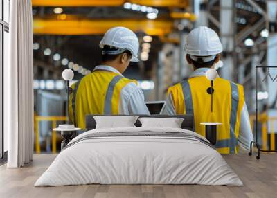 Two engineers with safety gear discuss over a tablet in an industrial setting Wall mural