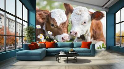 Two pleasantly small baby cattle playing in the flowerbed Wall mural