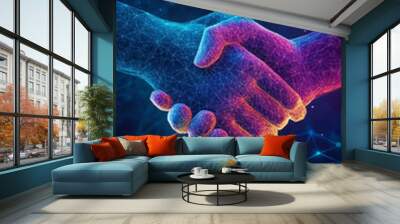 Two polygonal hands shaking in a digital network environment representing the concept of online deal Wall mural