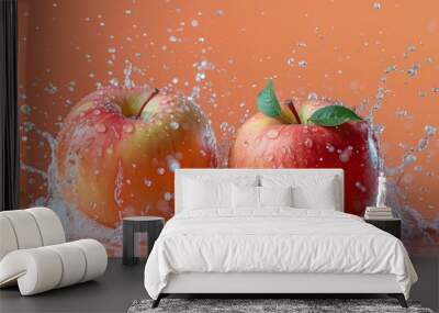 Two ripe red apples being splashed with water on an orange background Wall mural