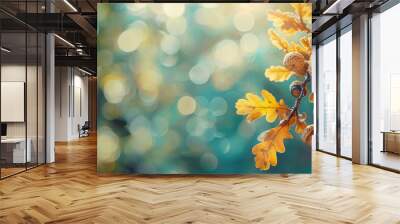 Up-close view of an oak branch with radiant golden leaves and acorns shining in the autumn sun Wall mural