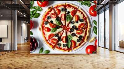 Vegan Pizza with Tomatoes and Olives Isolated on White Background Top View Wall mural