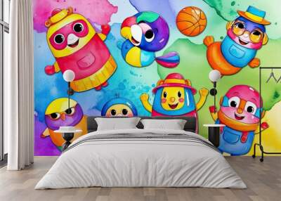 Vibrant Cartoon Watercolor Artwork Featuring Lively Characters and Colorful Textures Wall mural