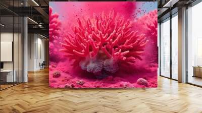 Vibrant Coral Burst with Neon Pink Dust and Dynamic Bright Particles Wall mural