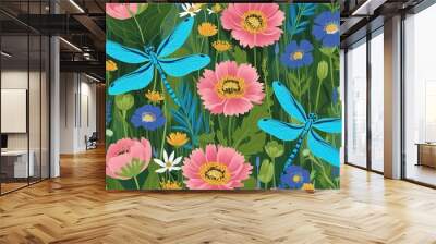 Vibrant Floral Illustration of Meadow Blossoms and Azure Dragonflies Wall mural