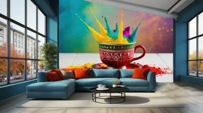 Vibrant Holi Color Explosions in Classic Cup Against Clean Background Wall mural