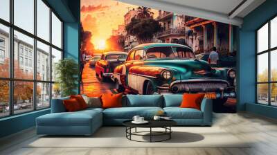 Vibrant illustration of American vintage cars in Havana, Cuba at sunset. Colorful exotic retro Havana's streets make a magnigicent magical cityscape., Generative AI Wall mural