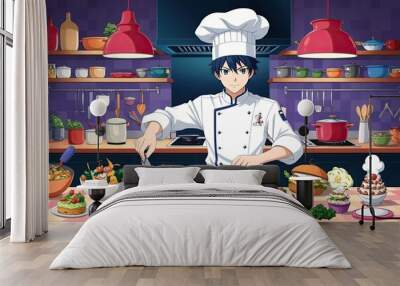 Vibrant Kitchen Anime Chef Creating Colorful Cartoon Culinary Creations Wall mural