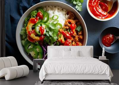 Vibrant Spicy Bowl with Fiery Sriracha Sauce: Bold Flavor from Side and Top Views Wall mural