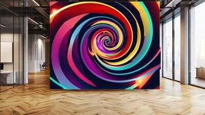 Vibrant Spiral Swirl Design in Red Yellow Purple and Aqua on Deep Navy for 80s and 90s Music Festival Aesthetic Wall mural