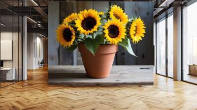 Vibrant Sunflowers in Terracotta Planter for Rustic Home Decor Wall mural