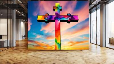 Vibrant Watercolor Jesus Christ Cross Against Majestic Sunset Sky Background Wall mural