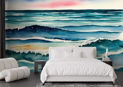 Vibrant Watercolor Ocean Landscape Art Illustration Wall mural