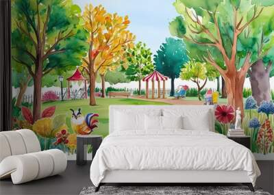 Vibrant Watercolor Park Illustration Featuring Colorful Nature and Whimsical Details Wall mural