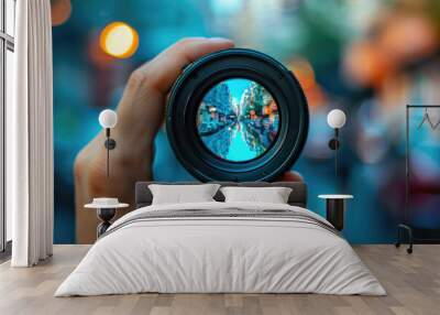 View of a city street through a photo lens, concept of photographer, photographic equipment Wall mural